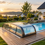Moderný bazén pri rodinnom dome s elegantným posuvným prekrytím